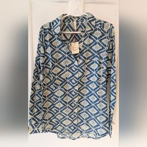 RAGA for Anthropologie Button Up Shirt Geometric Print Light Cotton Size Large